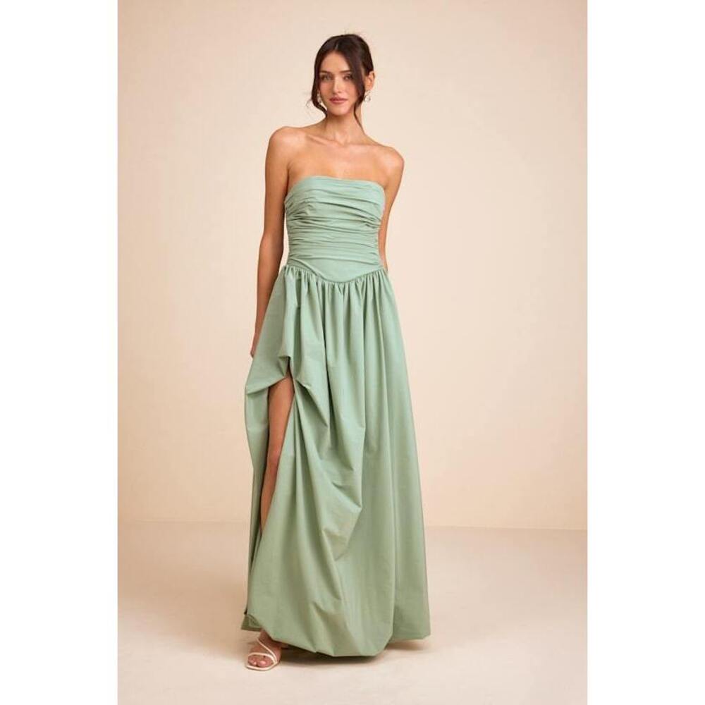 Lulus Marilou Sage Green Strapless Ruched Lace-up Maxi Dress - Size S
